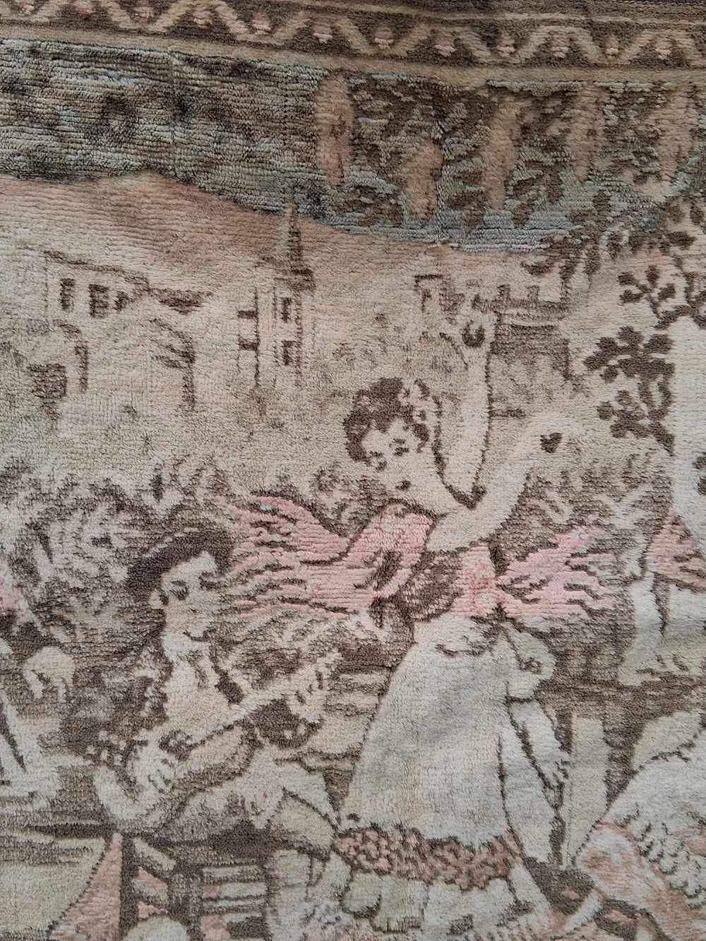 Woven Tapestry Wall Hanging Vintage Scene in Beige and Brown